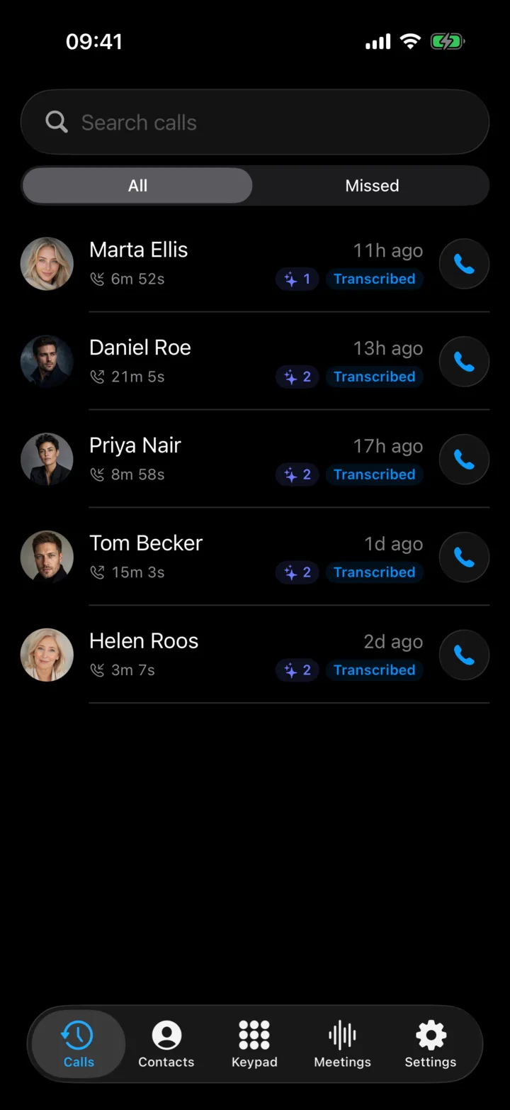 The Calls tab in Superscribe Phone: every call marked Transcribed
