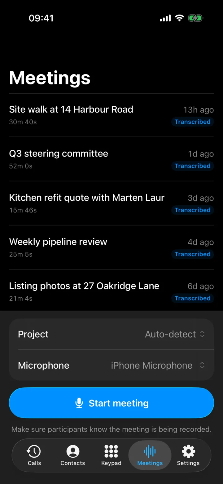 The Meetings tab in Superscribe Phone, with a Start meeting button