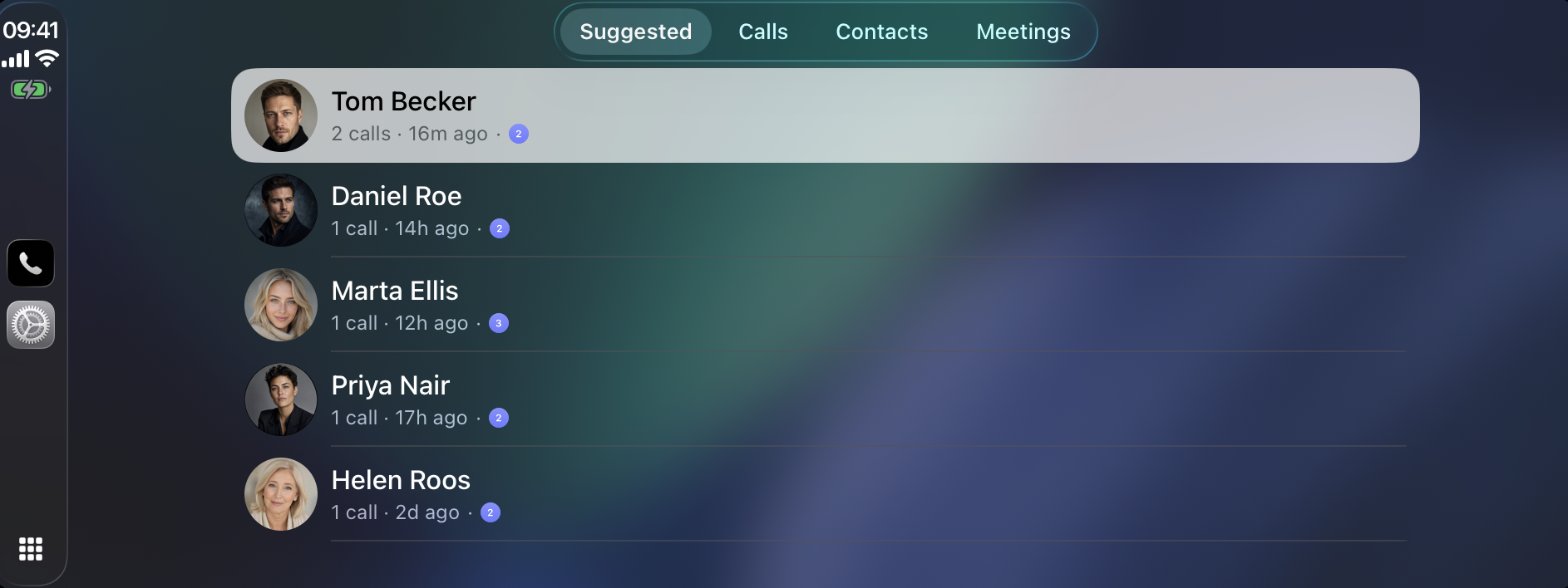 Superscribe CarPlay screen showing Suggested contacts, Calls, Contacts and Meetings