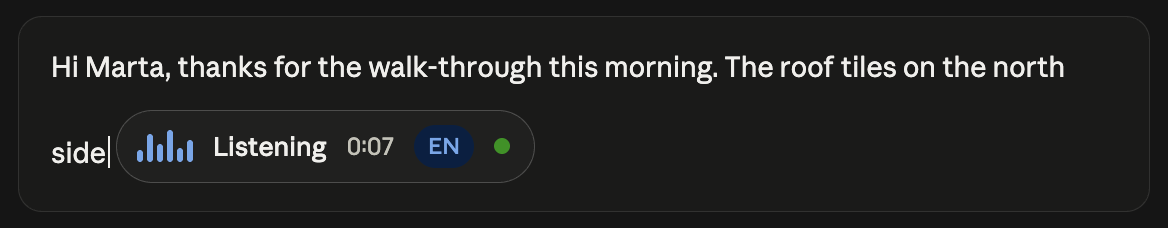 Superscribe Lite streaming dictated text into a compose field while the listening pill shows the active language