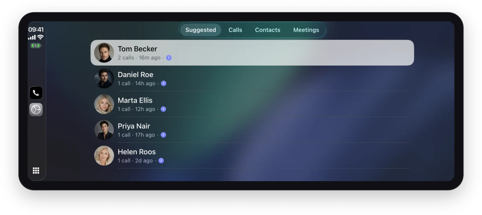 The Superscribe Suggested tab in CarPlay, each person with call count, time since the last call and a badge showing waiting follow-ups