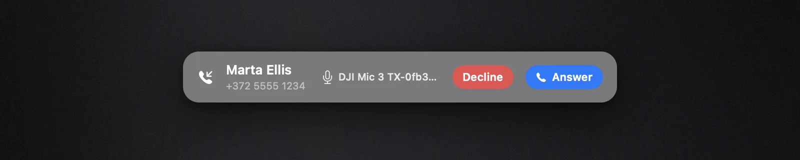 An incoming call card on macOS showing the caller name, the microphone in use, Decline and Answer