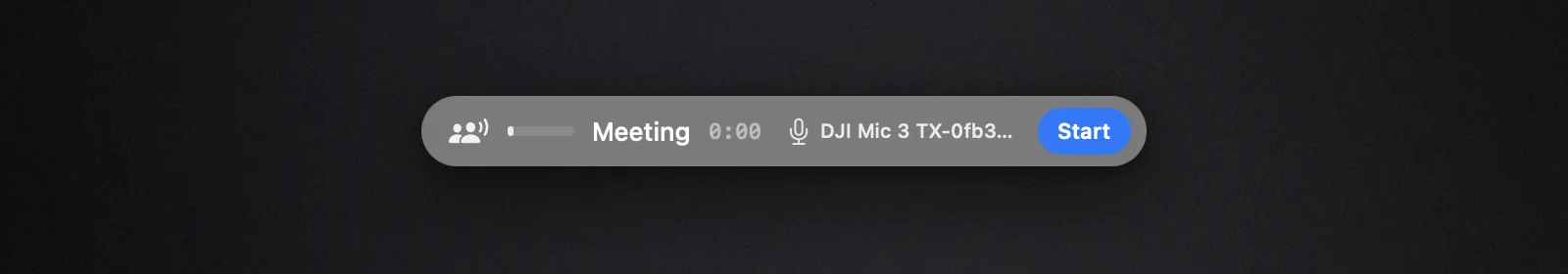 The Superscribe meeting pill on macOS with a microphone chooser and a Start button