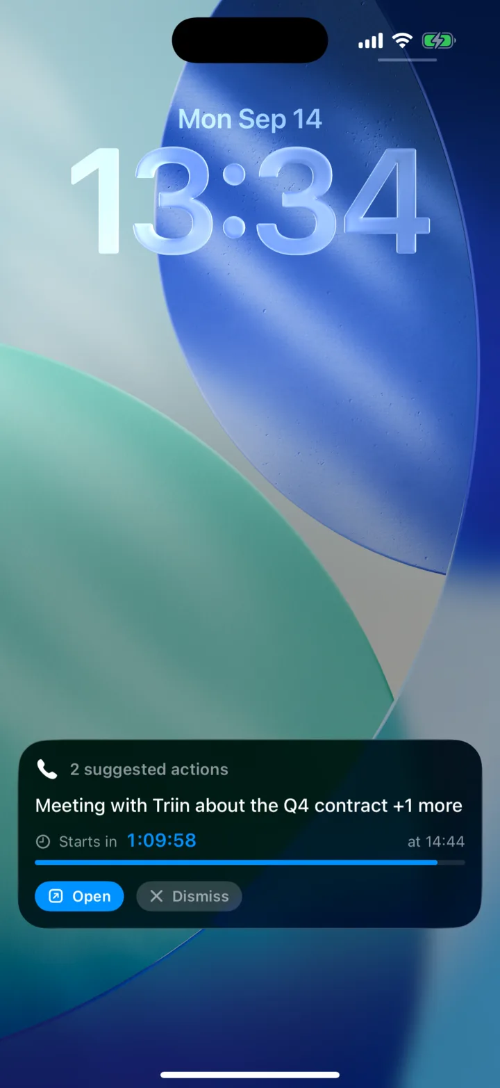 iPhone lock screen with a Superscribe card: Meeting with Triin about the Q4 contract, starts in 1:09:58 at 14:44, with Open and Dismiss buttons