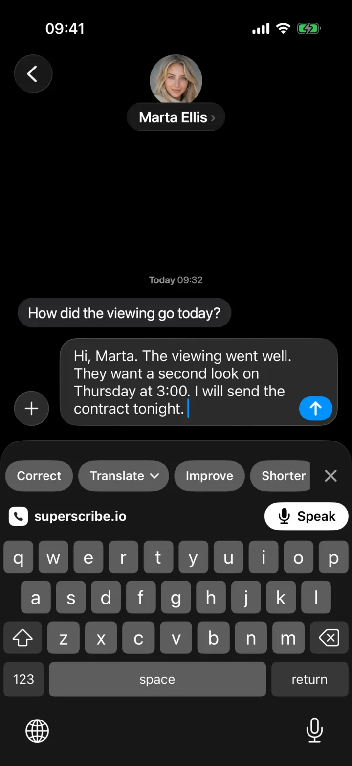 The Superscribe keyboard after dictation, with Correct, Translate, Improve and Shorter buttons above the keys