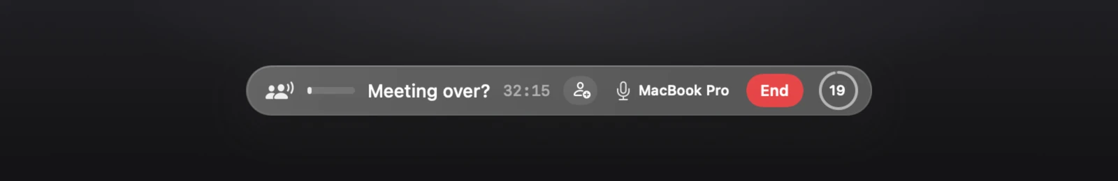 The Superscribe meeting pill on macOS asking Meeting over? at 32:15, with the microphone, a red End button and a countdown ring