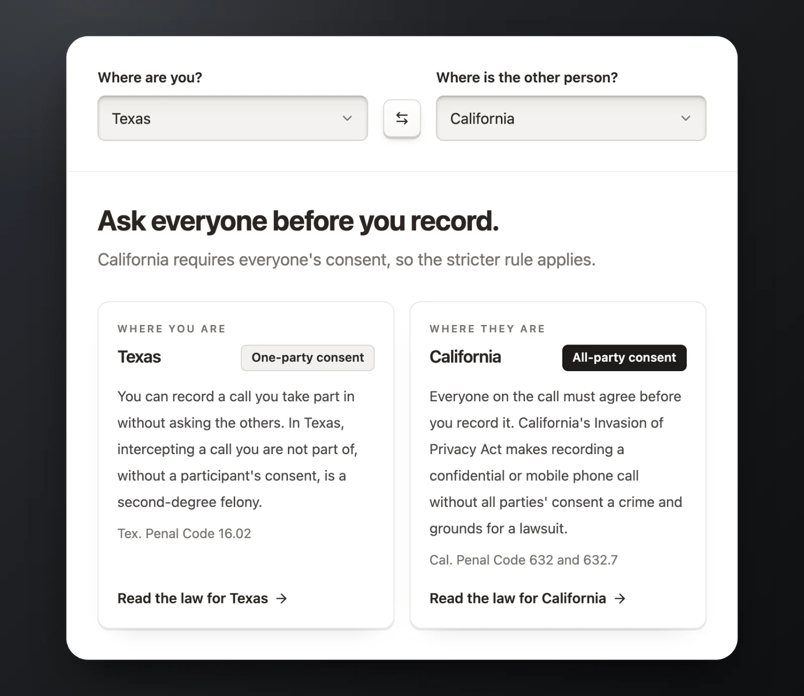 The call recording law checker with Texas and California chosen. The answer reads: Ask everyone before you record. California requires everyone's consent, so the stricter rule applies. Below it, Texas is marked one-party consent and California all-party consent, each with its law