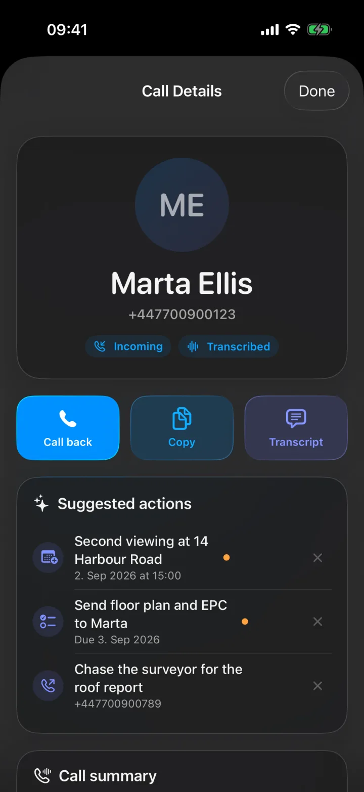 Call detail with Marta Ellis showing suggested actions: a second viewing calendar event, a reminder to send the floor plan and EPC, and a call back to the surveyor