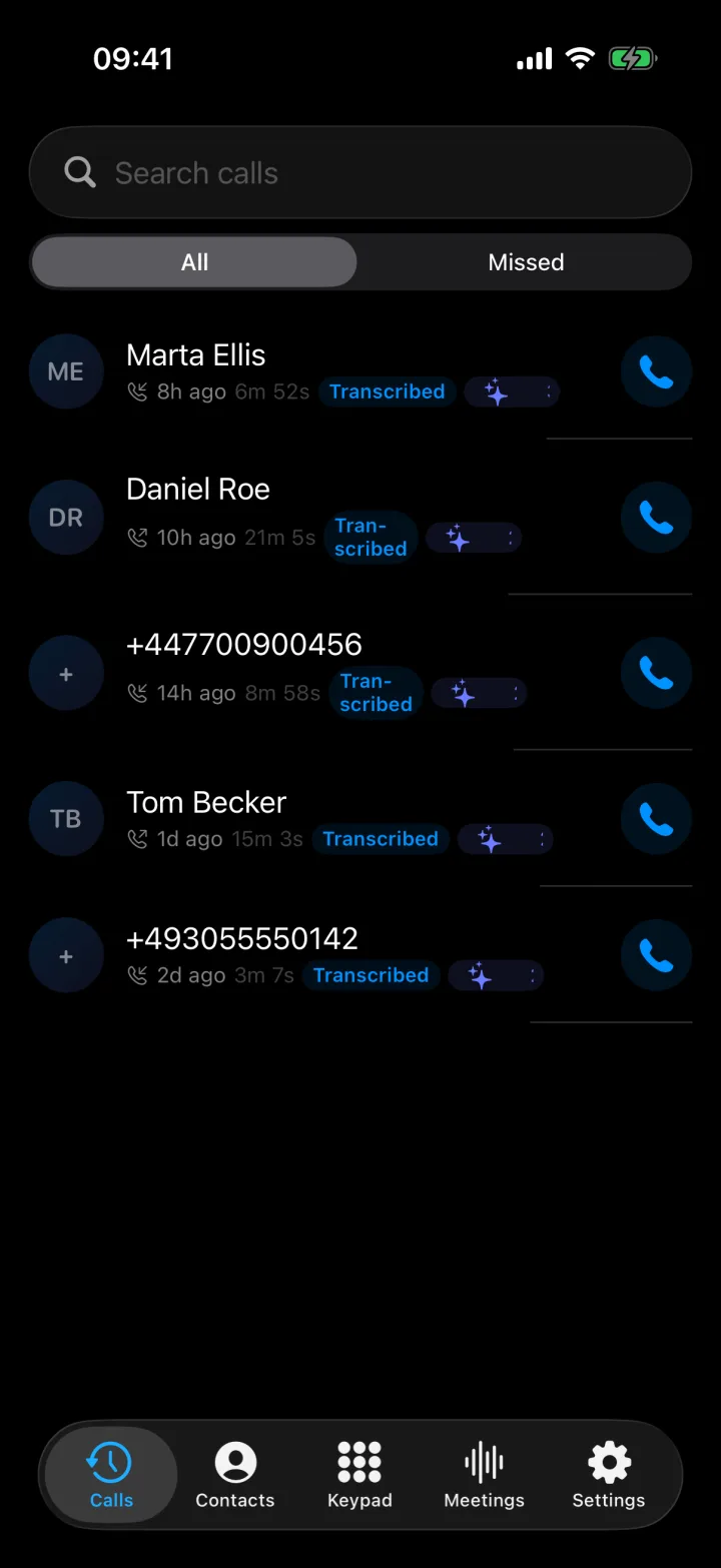 Superscribe Phone call list with transcribed calls from Marta Ellis, Daniel Roe and Tom Becker, each with suggested actions