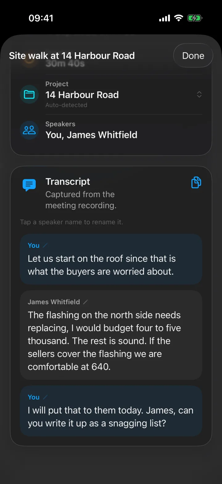 Meeting transcript with speakers labelled You and James Whitfield, and the meeting filed to the 14 Harbour Road project