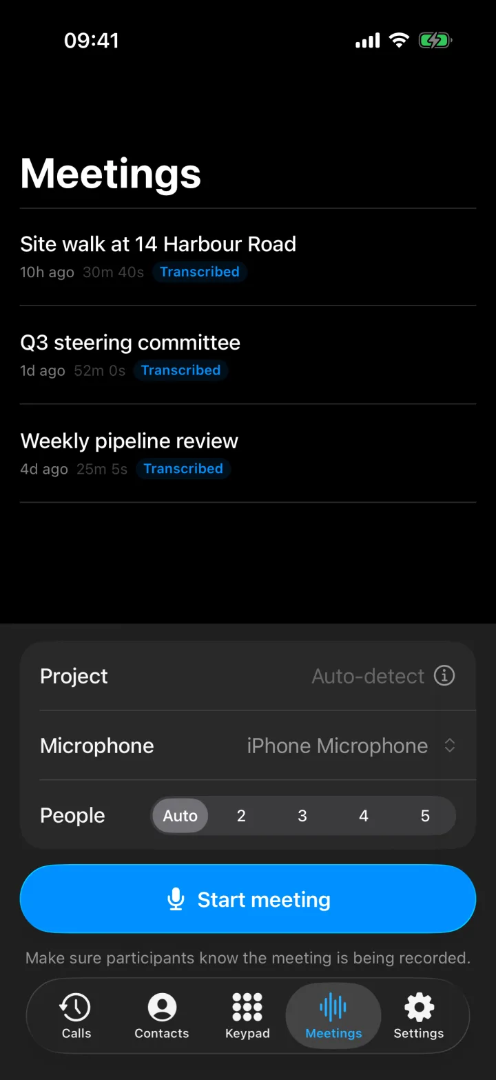 Superscribe Phone Meetings tab with three transcribed meetings and a Start meeting button