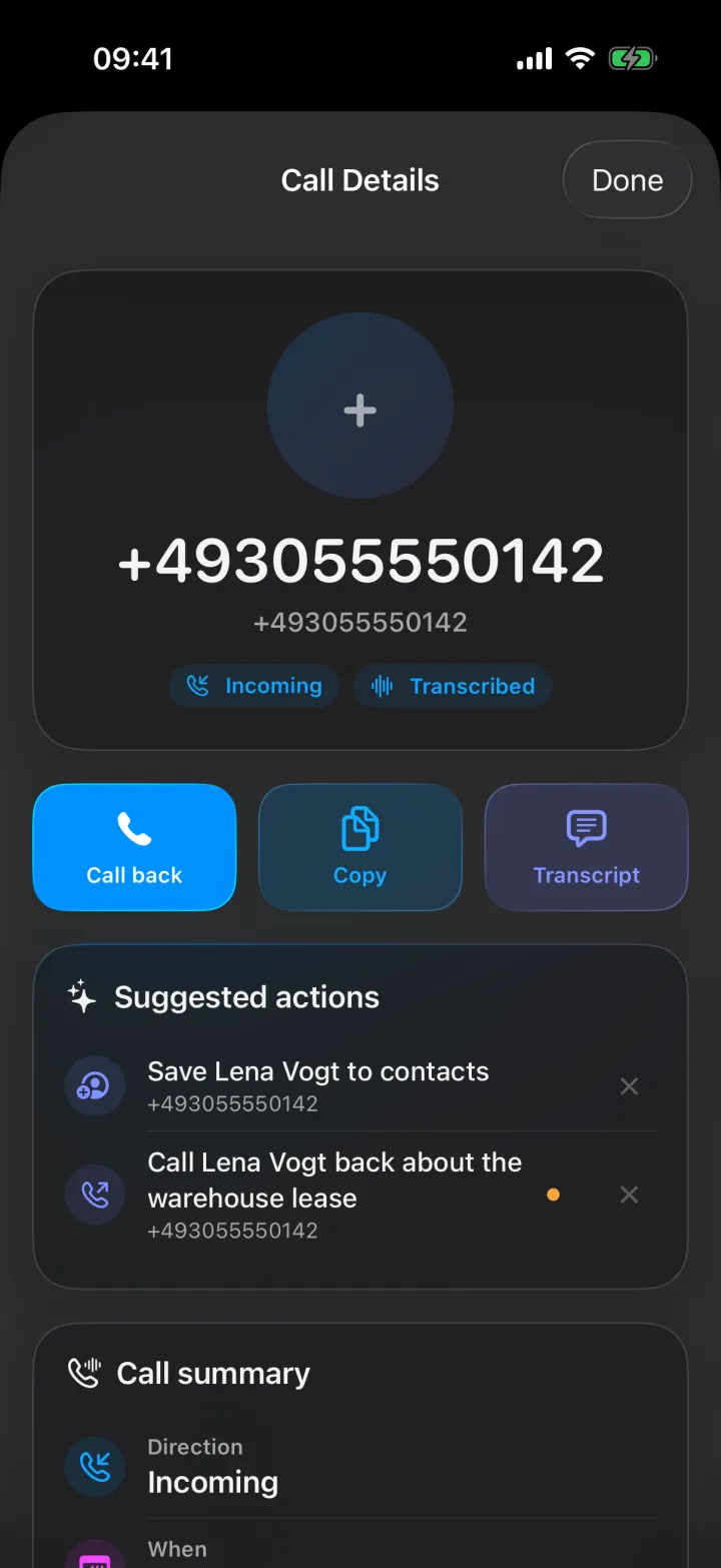 Call from an unknown number with suggested actions to save Lena Vogt to contacts and call her back about a warehouse lease
